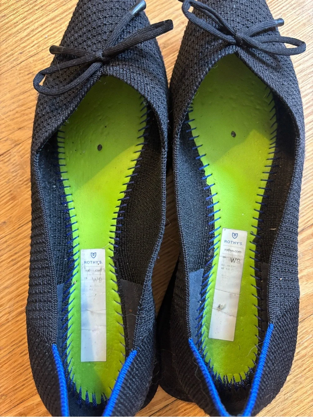Rothy's Black Knit Pointed Bow Flats with Blue Trim - Picture 2 of 2